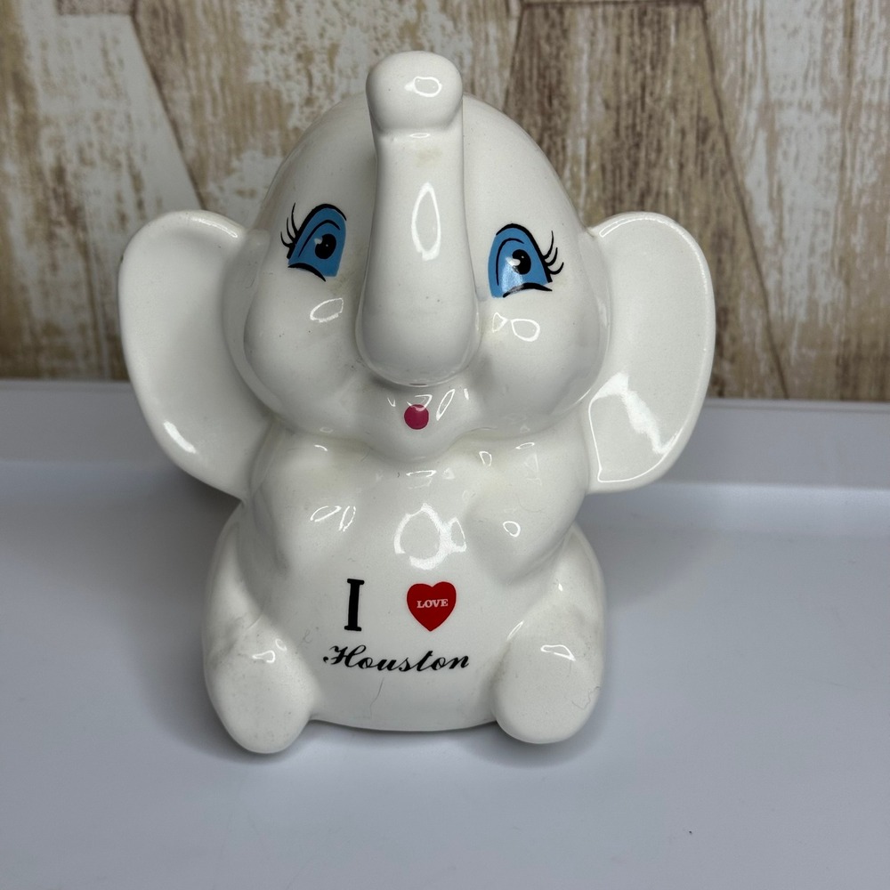 Vintage Ceramic "I‎ Love Houston" Elephant Coin Bank Blue Eyes
